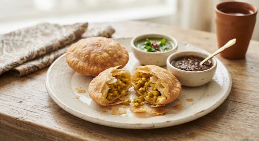 Flaky golden Jodhpur dal kachori with coriander and tamarind chutneys