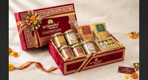 Crimson and gold festive gift hamper with brass jars and silk ribbon