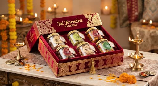 Set of three embossed festive gift tins with sweets and namkeens