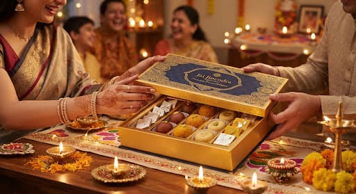 Opening a festive gift box during Diwali