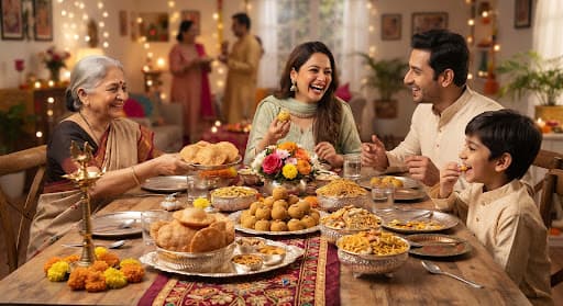 Festive family dinner with kachoris and laddoos