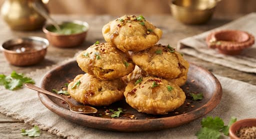 Stack of golden Jodhpur Khasta Dal Kachoris on terracotta