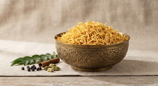 Golden Bikaneri bhujia strands in an engraved brass bowl