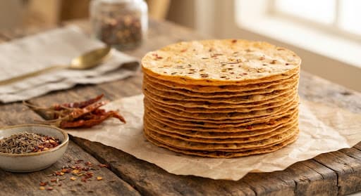 Stacked Mathania mirch wheat khakhra wafers with cumin seeds