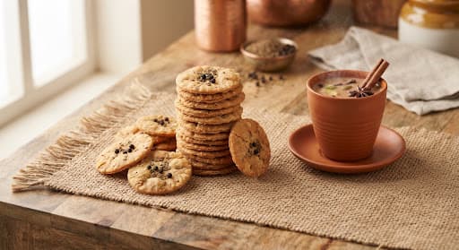 Ajwaini mathri crackers stacked beside masala chai