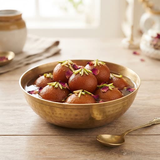Gulab jamun in saffron syrup garnished with pistachios